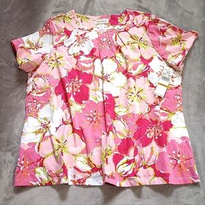 Alfred Dunner Pink Tropical Floral Print Top 3X Plus Size NWT